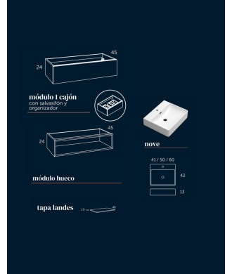 Landes 1.2 Mueble de Baño Modular Suspendido con Lavabo Cerámico | Módulo Cajón Superior Módulo Hueco inferior | Personalizable