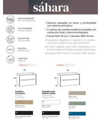 Sahara Mueble de Baño Suspendido con Lavabo Cerámico | 2 cajones Cierre Amortiguado y Organizador | Lavabo Onix