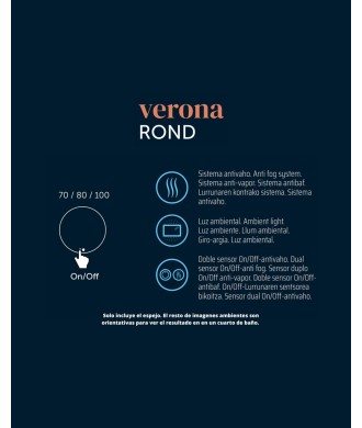 Verona Round Espejo Pared Redondo Baño | Luz Ambiental | Sensor Táctil On/Off | Espejo Led de Baño Redondo